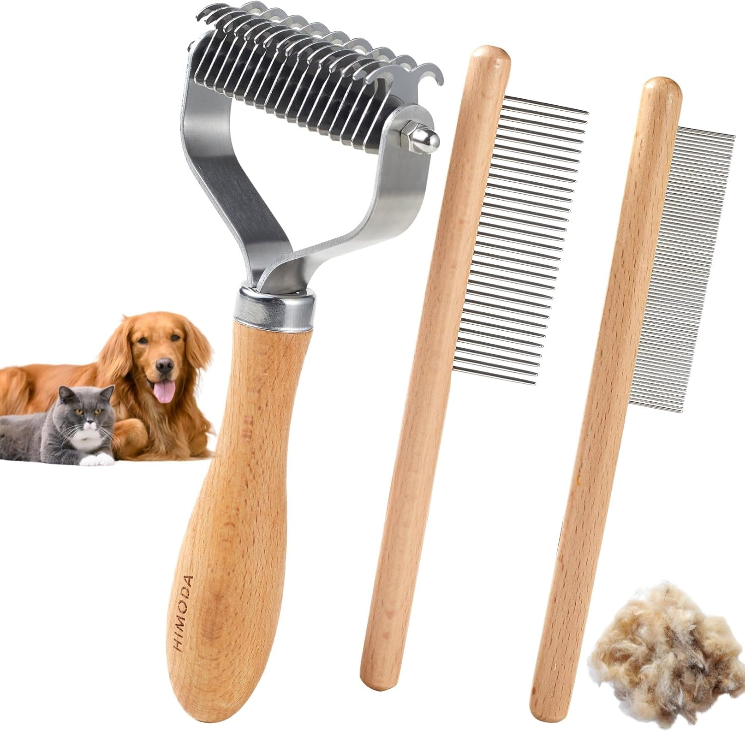 Dog Cat Brush for Dematting and Deshedding, 3 Pack Pet Grooming Kit of Undercoat Rake, Shedding Brush and Combs for Cats Dogs, with Premium Wood Handle image number 1
