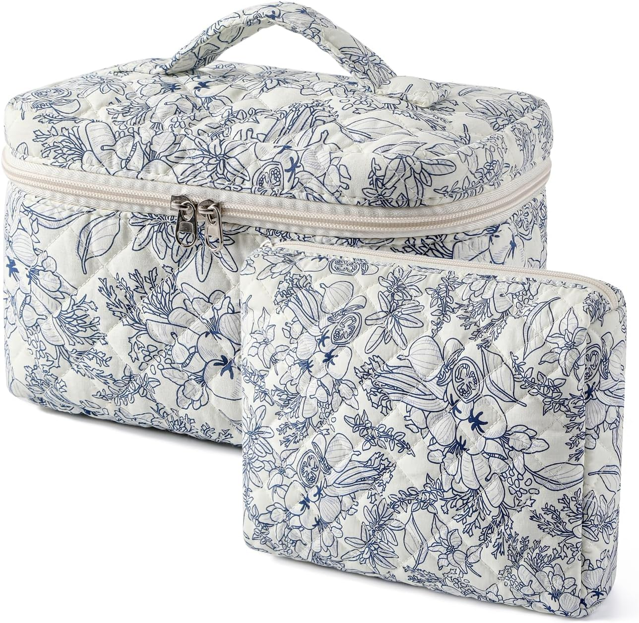 Uekeboag 2 Pcs Large Floral Quilted Makeup Bag Set for Women, Cotton Quilted Big Cosmetic Bag, Coquette Aesthetic Cute Travel Toiletry Bag, 01White Bear