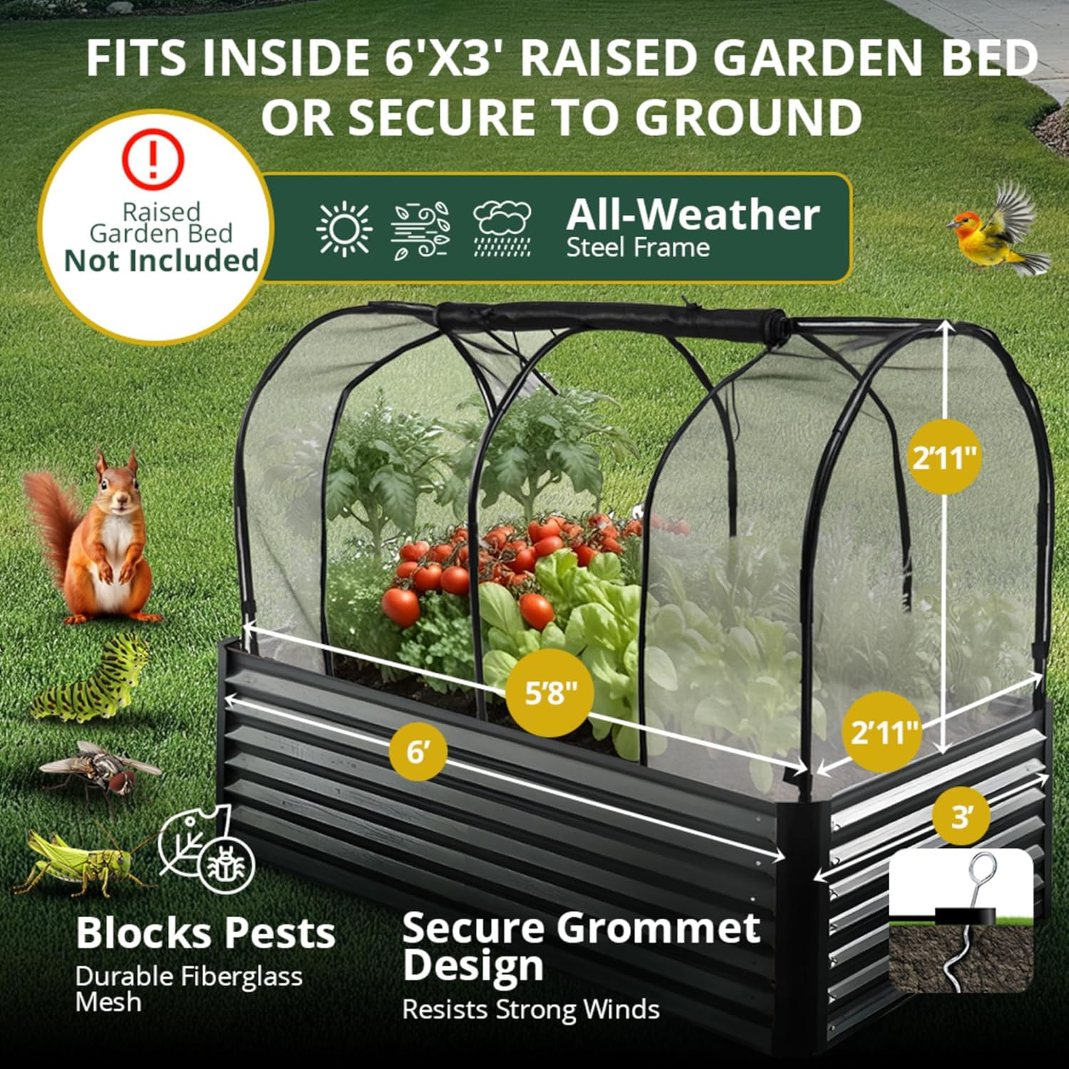 Raised Garden Bed Cover for 180Cm X 90Cm or Larger Bed - Premium Black Fibreglass Mesh Netting with Steel Frame for Natural Pest Protection - Dual Zipper Access Mini Greenhouse - Crop Cage image number 1
