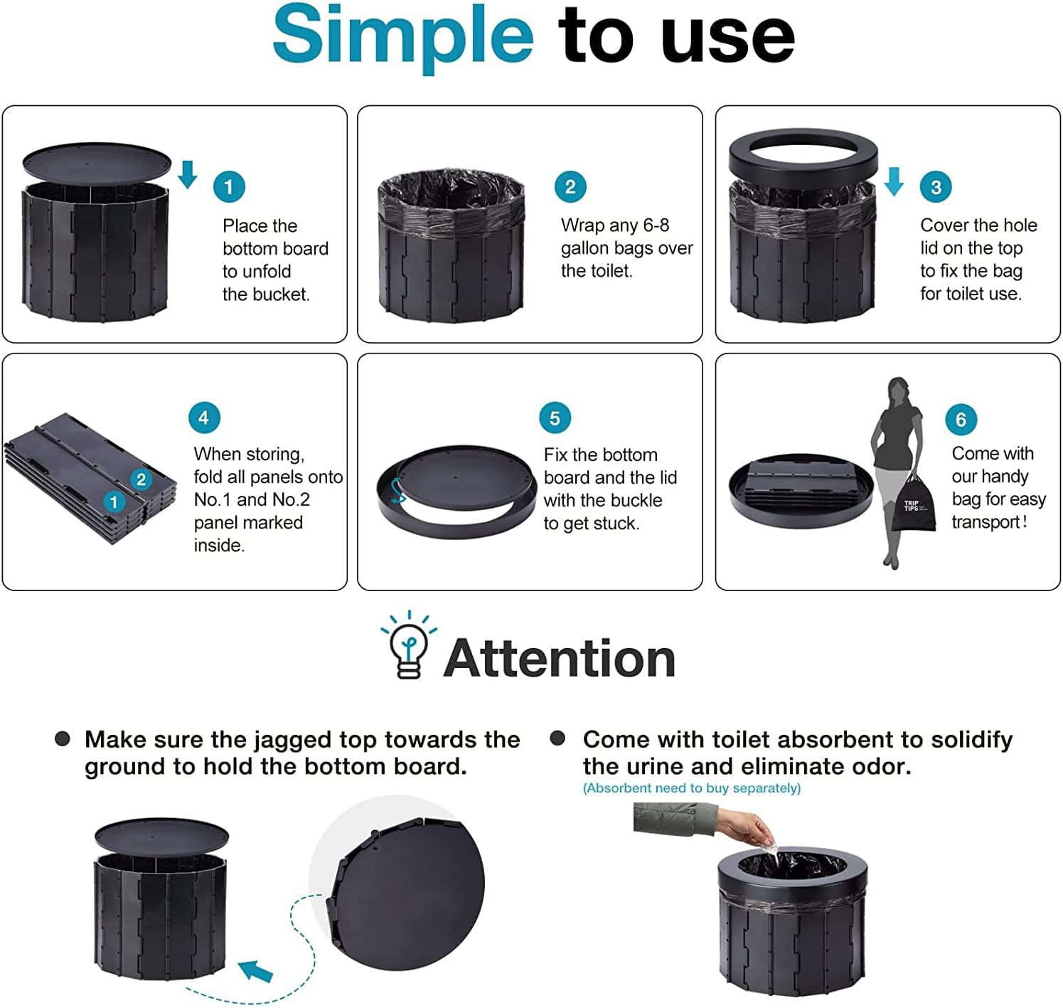 TOMVAES Portable Folding Toilet with Lid - Waterproof Camping Potty, Car Bucket for Travel, Boat, Hiking, Long Trips, Beach image number 3