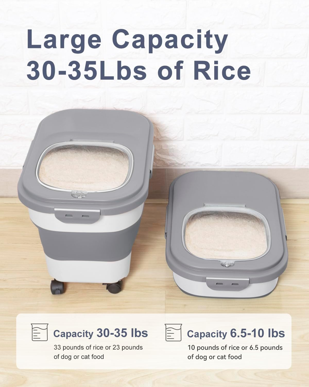 DDMOMMY 20-30 Lbs Rice Storage Container,Collapsible Food Storage Containers with Rolling Wheel Airtight Locking Lid,Flour Storage Container with Cup and Scoop,Suitable for Food,Rice,Pet Food,Flour image number 4