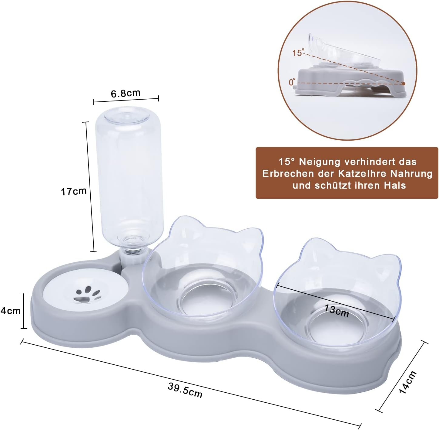 JOELELI Cat Bowls, Double Feeding Bowls for Pets, 15&deg; Tilted Dog Bowl with Automatic Water Bottle and Mat, Cat Bowl, Perfect for Puppies, Cats and Small Dogs image number 4