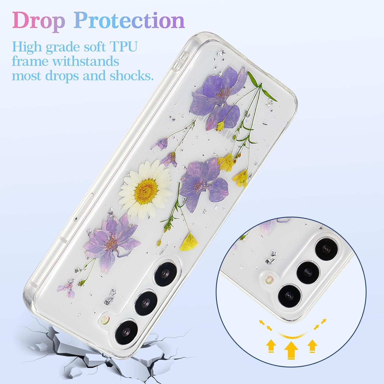 EYZUTAK Dried Flower Case for Samsung Galaxy S23, Soft Slim TPU Clear Sparkle Stars Glitter Silicone Gel Shockproof Flower Protective Case Light Blue image number 5
