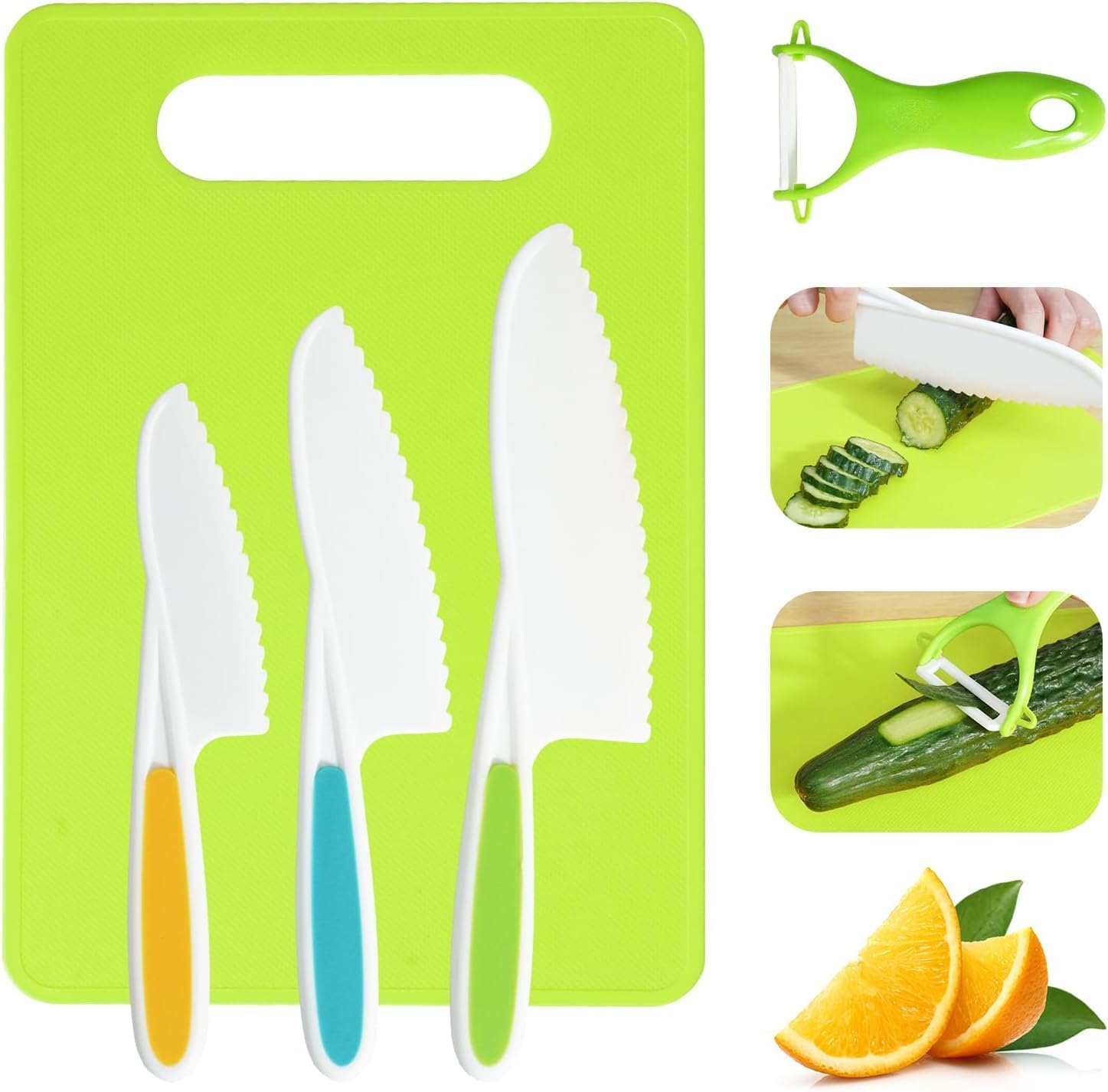 Kids Knife Set, 5 Pcs Montessori Kitchen Tools for Toddlers' Real Cooking, Kids Safe Kitchen Cooking and Baking Set with Peeler, Cutting Board for Sandwich Bread Vegetable Fruit Present Gift image number 5