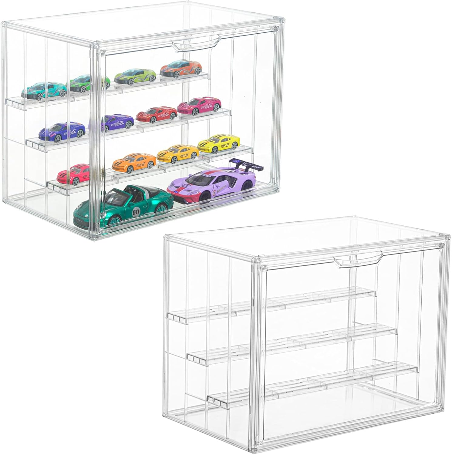 UONNO Acrylic Display Case 4 Tiers, Dustproof Box Clear Collectibles Storage Box with 3 Adjustable Dividers for Pop Figures Badge Toys