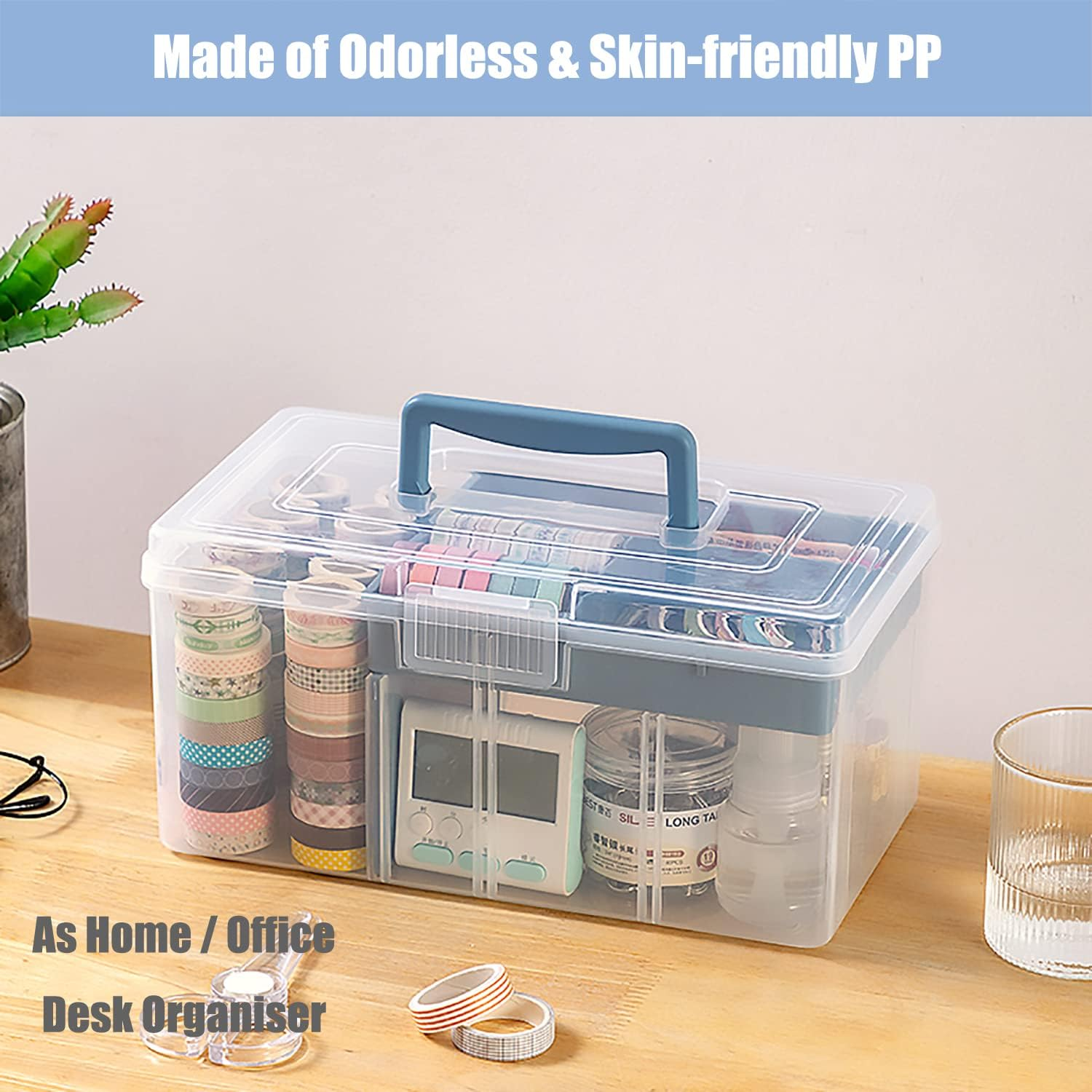 FOREVERIE Clear Plastic Arts & Craft Supplies Organizer Box Large with a Removable Tray & Adjustable Partition & Handle, Office Home School Desktop Stationery Storage Box, Medicine Box (Ocean Blue) image number 2