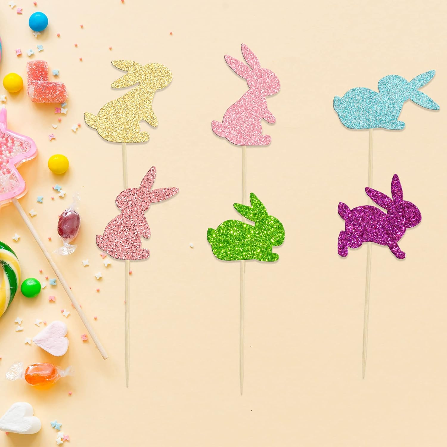 24Pcs Happy Easter Cupcake Toppers Glitter Cute Bunny Cake Decorations Bunny Rabbit Cupcake Picks for Easter Spring Theme Babyshower Kids Birthday Party Supplies