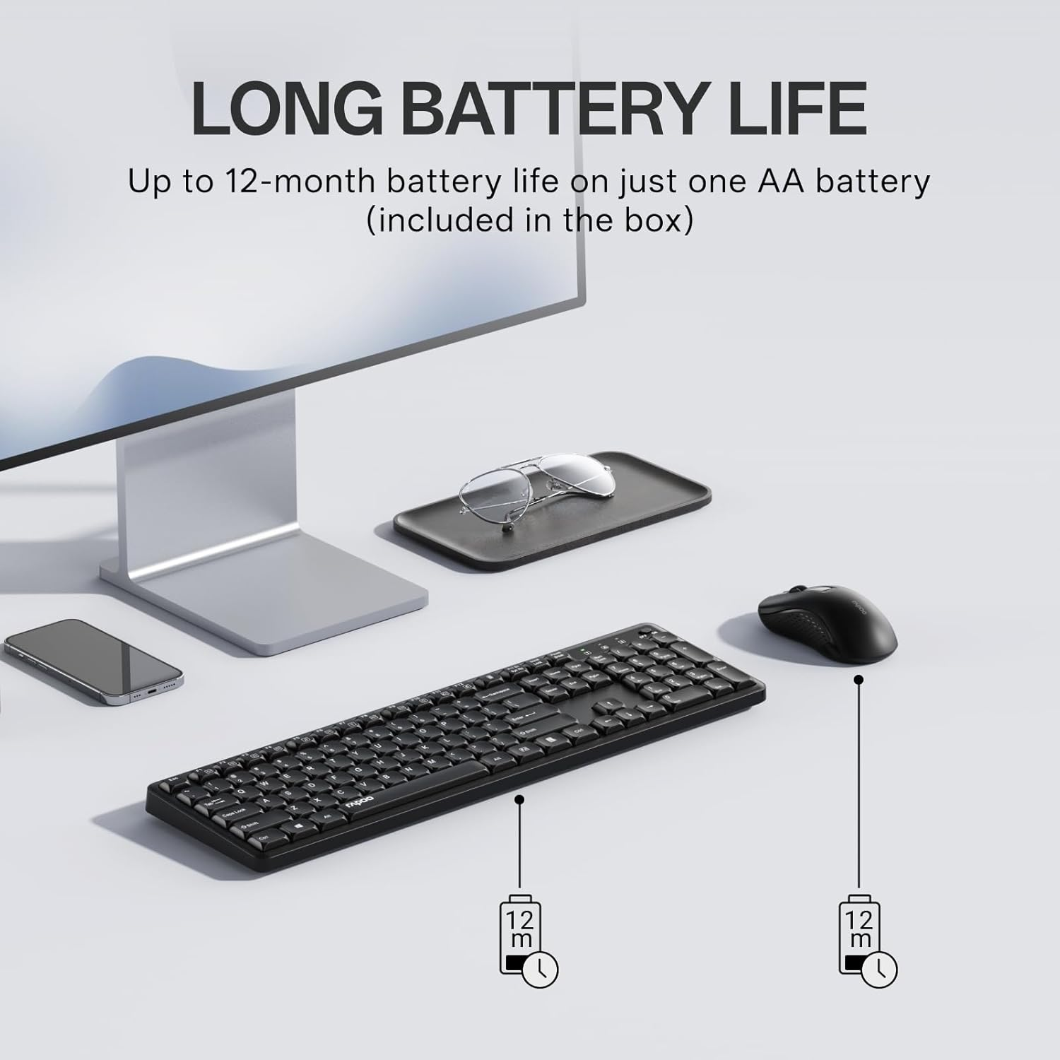 Rapoo X2100 Quiet Wireless Keyboard and Mouse Combo, 2.4Ghz USB Receiver, 12 Multimedia Keys, Spill-Proof, Full-Sized, Compatible with PC, Laptop, Black image number 3