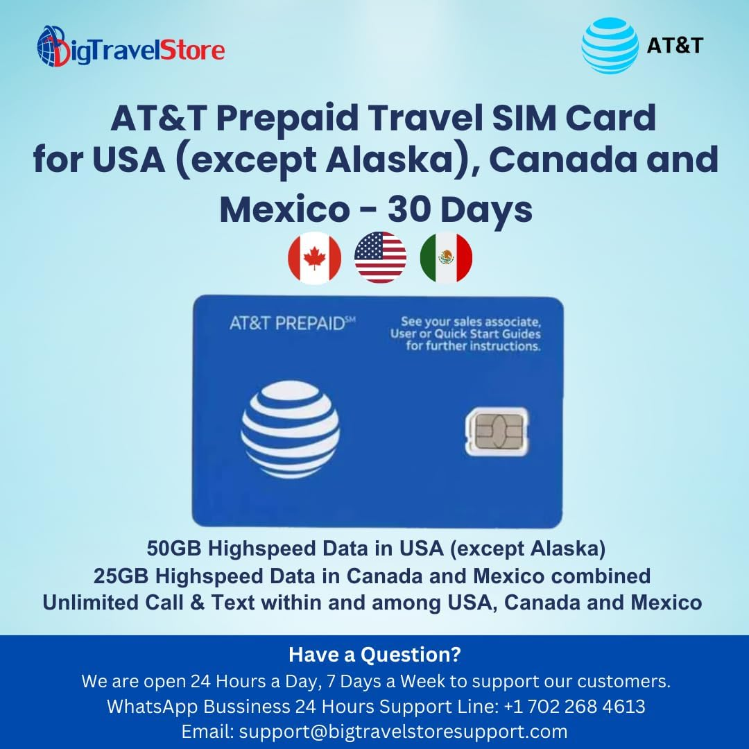 AT&T Brand USA, Canada and Mexico Prepaid Travel SIM Card Unlimited Call/Text and up to 50GB Highspeed Data in USA (Except Alaska) and 25GB Highspeed Data in Canada/Mexico Combined (30 Days)