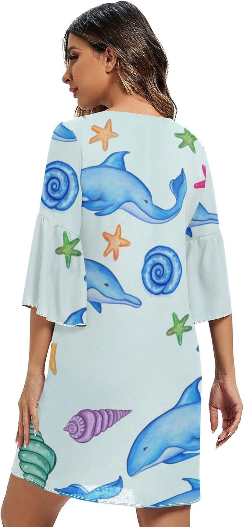 Cute Blue Dolphins V Line Dress Printed Line Maternity Dress S-XXL