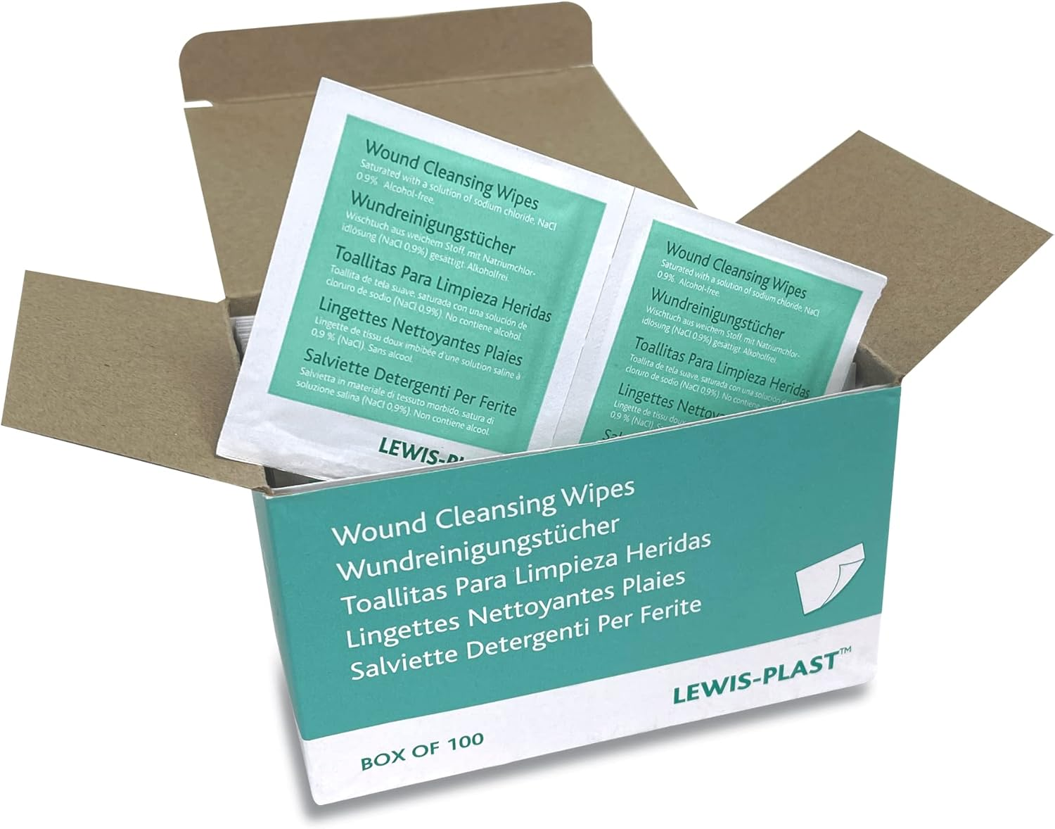 Lewis-Plast Premium Saline Sterile First Aid Alcohol Free Wipes - Box of 100 Medical Grade Cleaning Wipe for Wound, Cleansing Area before Injection and Piercing, Green image number 4