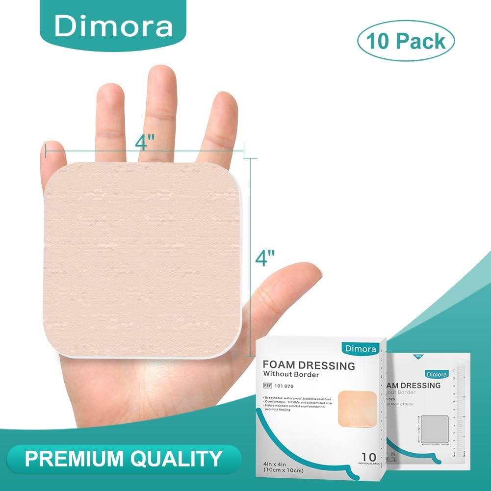 Dimora Foam Dressing, Sterile Non-Adhesive Hydrophilic Pads, Highly Absorbent 4"X4"(10 Cm*10 Cm) Pack of 10 Square Waterproof Dressing for Wound Care
