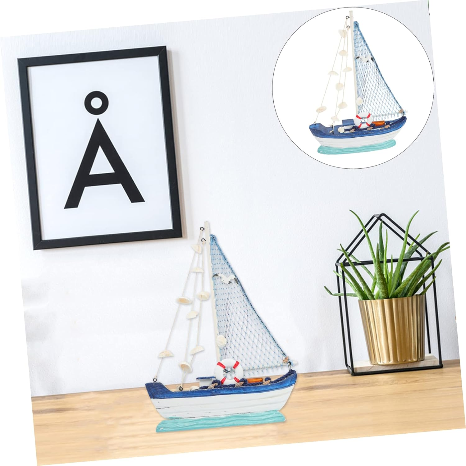 Jojofuny Nautical Decor Wooden Sailing Boat Model Mediterranean Style Boat Ornament image number 3