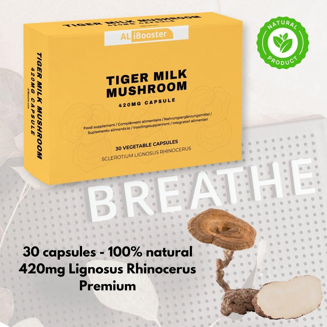 ALIBOOSTER - Mushroom Tiger Milk Lignosus - 30 Caps 420Mg - Standardized Extract - Respiratory Support image number 2