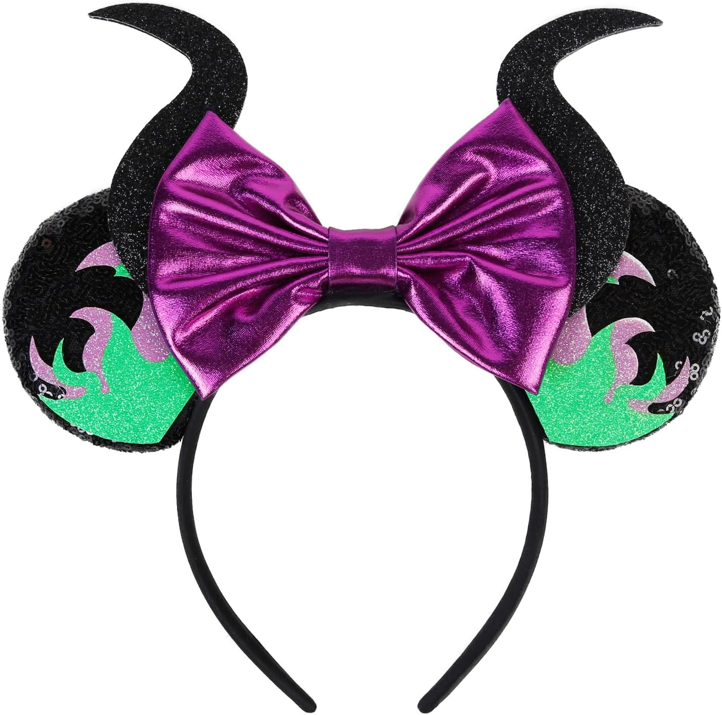 WOVOWOVO Halloween Maleficent Horns Ears Headband for Women Girls, Sequin Mouse Ears Head Band with Flame Purple Bow Decoration Hairband Party Princess Cosplay Hair Accessories Costume