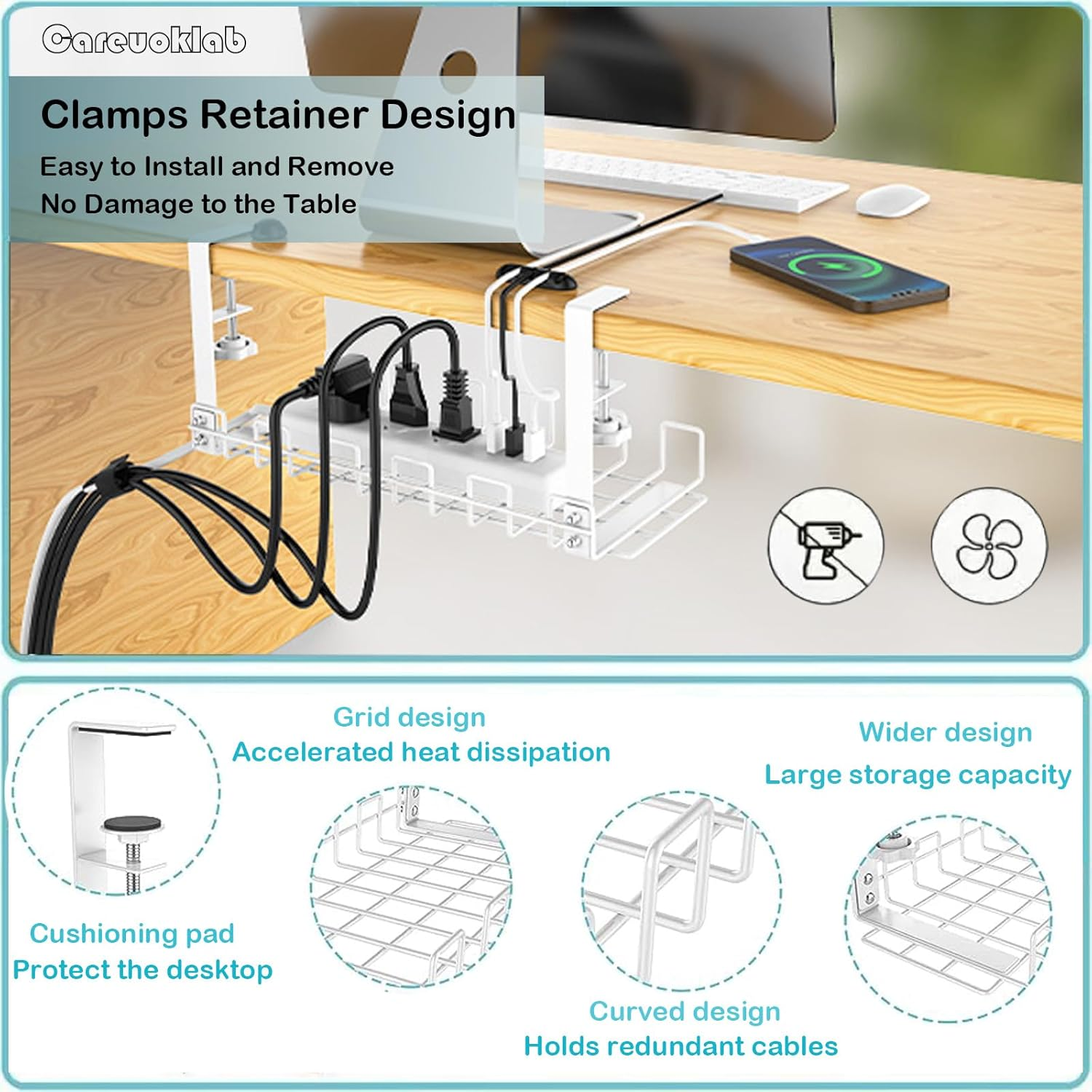 Under Desk Cable Management Tray 2 Pack, Cord Organizer for Wire Management, Detachable No Drill Metal Cable Tray Basket Rack for Home Office (White 2 Pack) image number 6