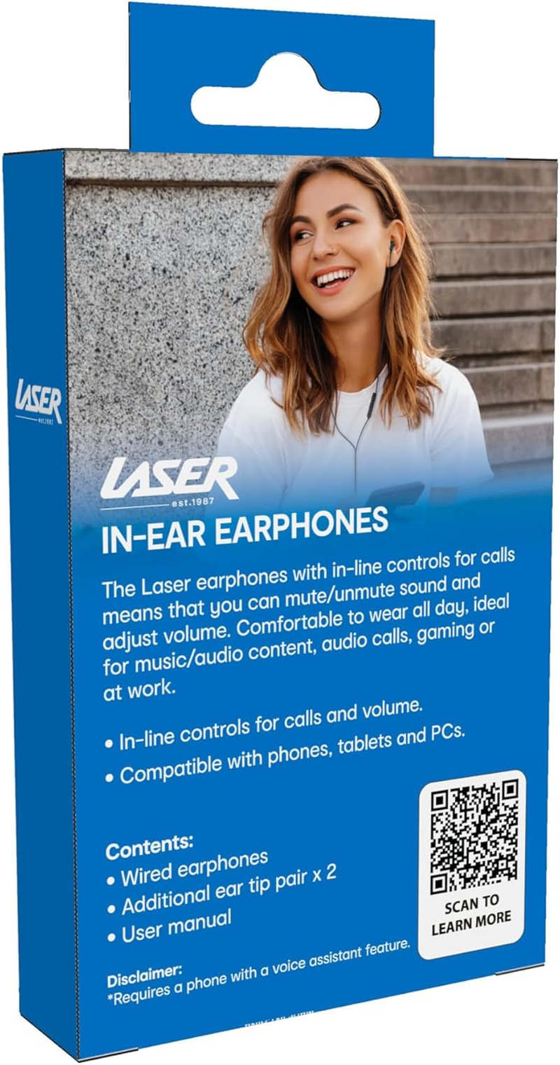Laser Wired In-Ear Earphones with In-Line Controls, USB-C, Headphone, Black
