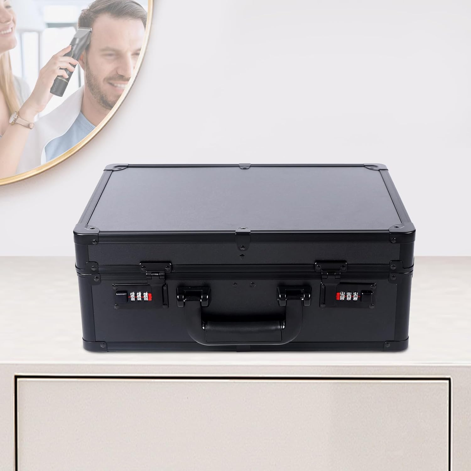 Professional Hairdressing and Makeup Lockbox, 16X12X6 Inch Portable Hairdressing Tool Suitcase, Large Capacity Hairdresser Case Organizer with Password for Storaging Scissors Clips Brush (Black) image number 2