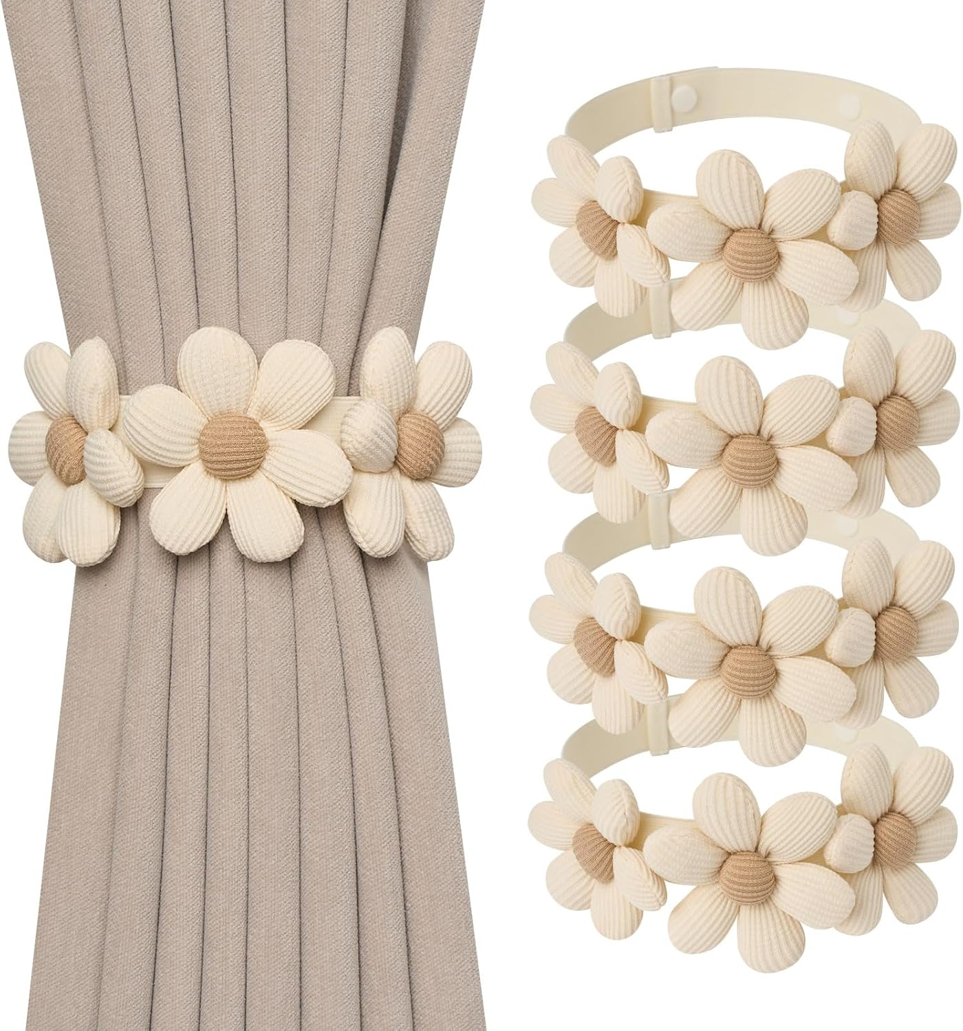 Pretty Jolly 4 Pack Cute Hand-Woven Flower Curtain Tiebacks Boho Farmhouse Style Home Decor Drape Tie Backs Adjustable Natural Cotton Rope Curtain Holdbacks for Home Office Window Draperies (C-Coffee)