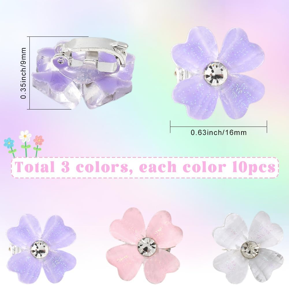SUNNYCLUE 1 Box 30Pcs 3 Colors Four Leaf Clover Hairclip Lucky Hair Pin Mini Resin with Rhinestone White Pink Purple Shiny Hair Clips for Barrettes Braid Decorative Accessories Women Costume Party