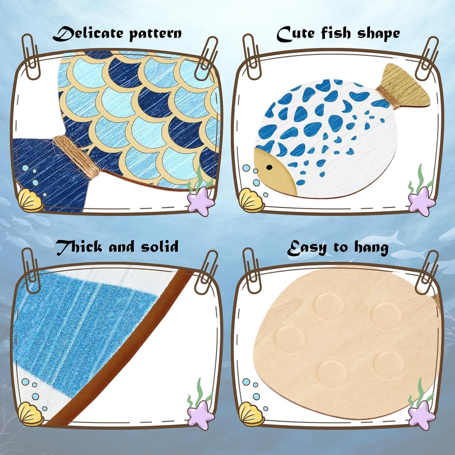 4 PCS Vintage Beach Wall Decor Wooden Fish Nautical Wall Art Coastal Wall Art Blue Fish Wall Sculpture Lake House Hanging Decor Ocean Room Decor for Bathroom Bedroom