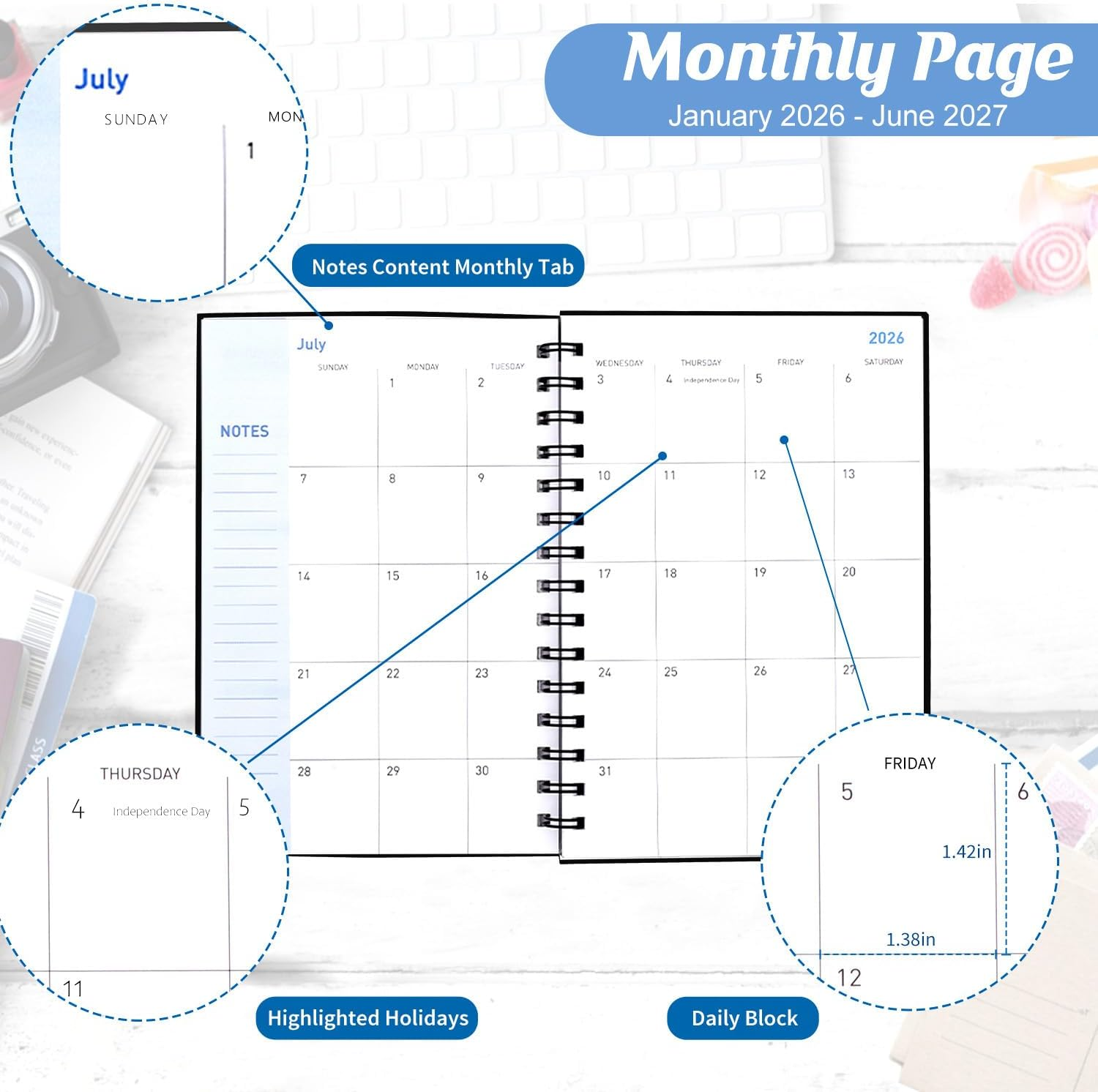 Monthly Weekly Daily Planner 2026-2027 with Stickers, Agenda Planner from January 2026-June 2027, 5.7'' X 8.2'' (Black) - Deep Blue image number 7
