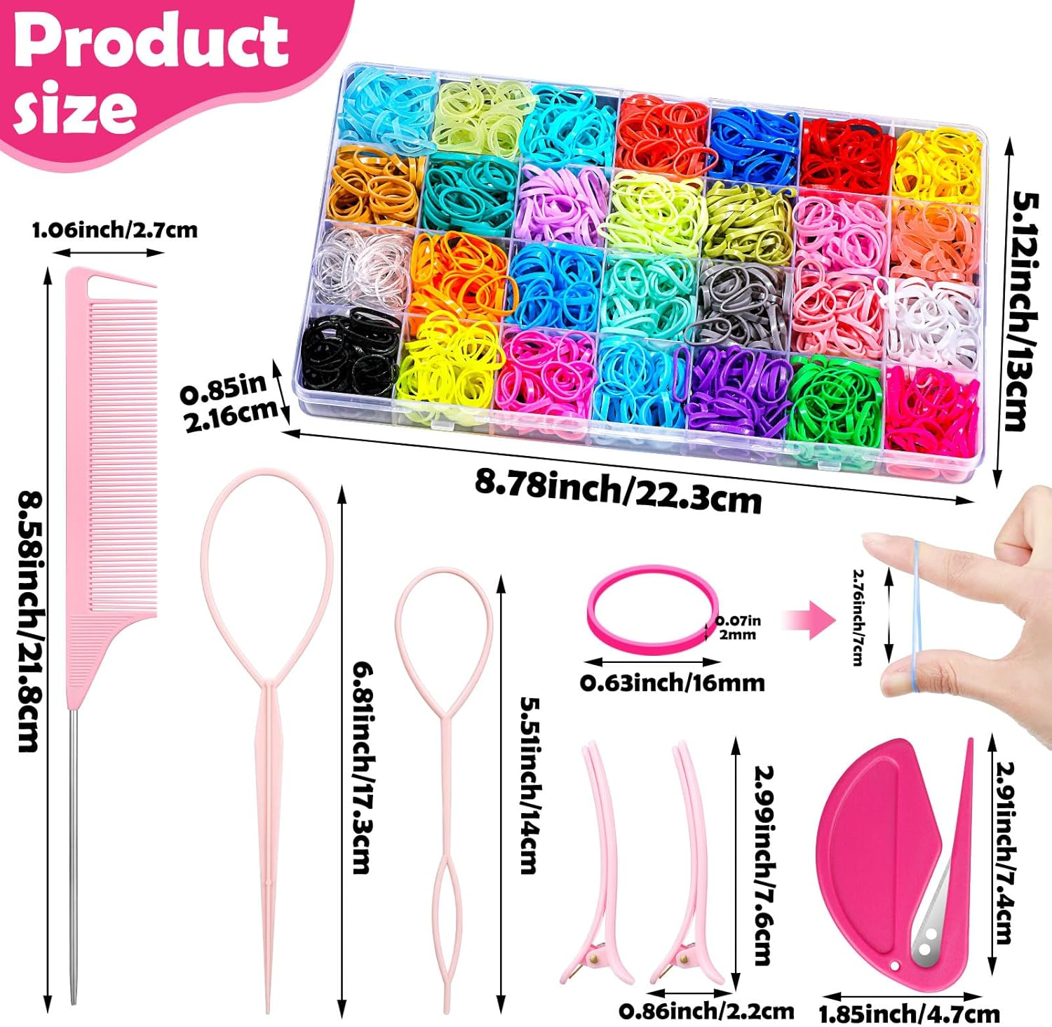 28 Colored Rubber Bands for Hair, 1500 Pcs Small Girls Hair Ties Elastic Hair Ties Hair Rubber Bands with 6 Hair Styling Tools Colorful Hair Accessories for Girls Baby Toddlers Kids