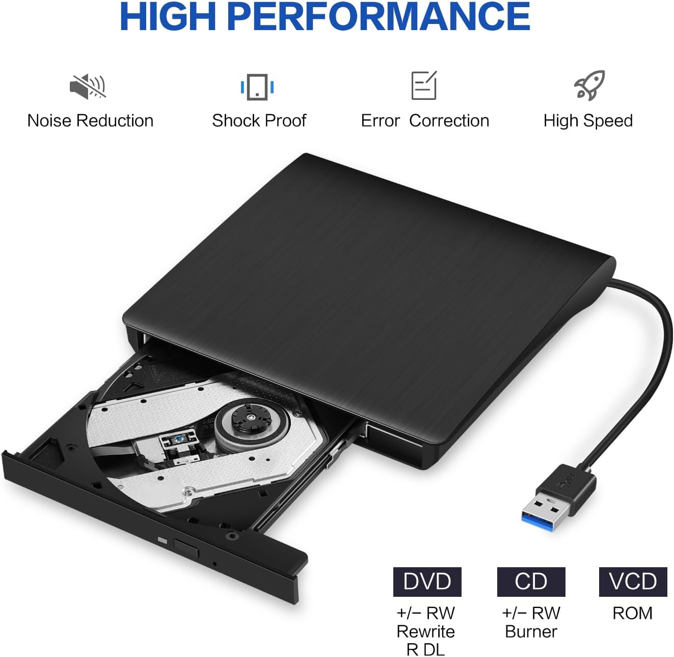 Hcsunfly External CD/DVD Drive for Laptop, USB 3.0 Ultra-Slim Portable Burner Writer Compatible with Mac Macbook Pro/Air Imac Desktop Windows 7/8/10/Xp/Vista (White) (Black) image number 2