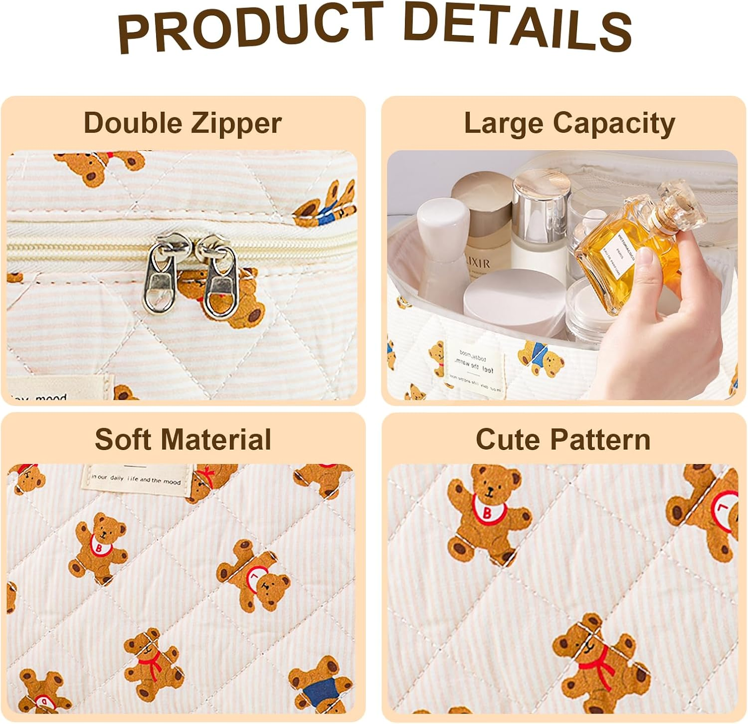 3Pcs Makeup Bag Cotton Quilted Travel Cosmetic Bag Cute Floral Makeup Pouch Large Toiletry Bag for Women Girls, Bear A, Daily