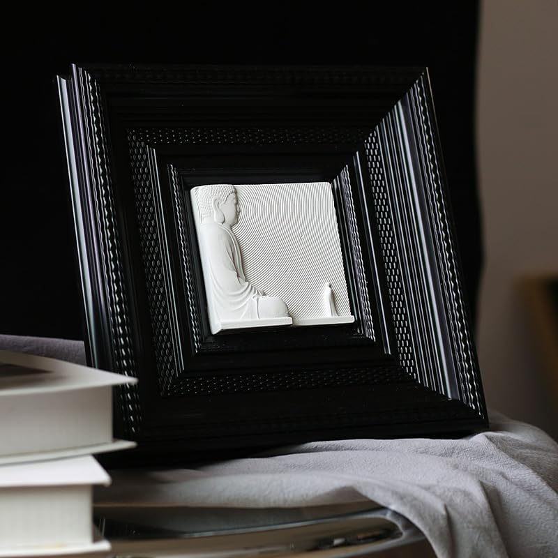 Mubeey Decorative 3D Plaster Wall Art Set, Black Frame, Buddha and Playing Card Design,8.66' &times; 8.66' (B, Framed) image number 1