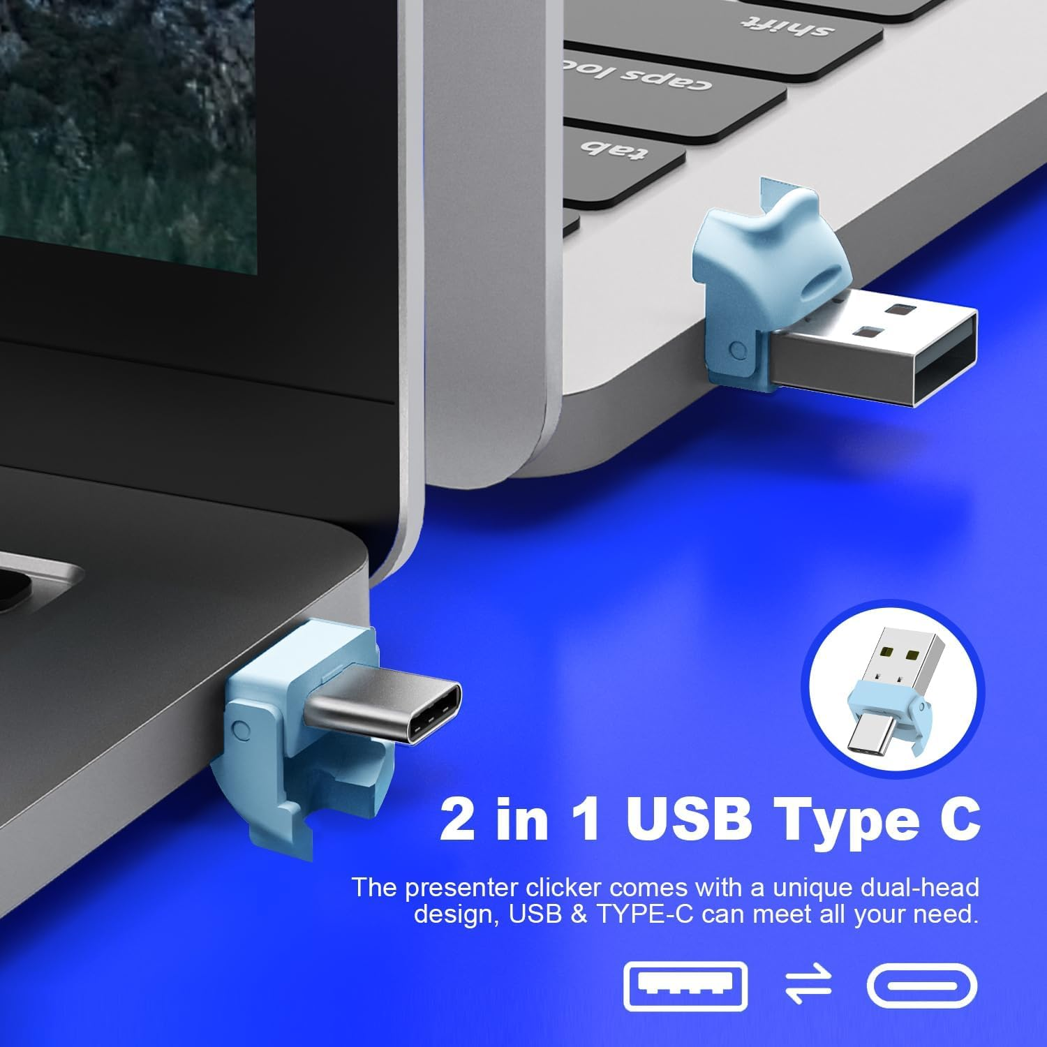 USB Type C Wireless Presenter Remote Presentation Clicker, Volume Control Powerpoint Clicker with Red Pointer Long Range PPT Clicker Slide Advancer for Mac PC Laptop Computer (Blue) image number 2