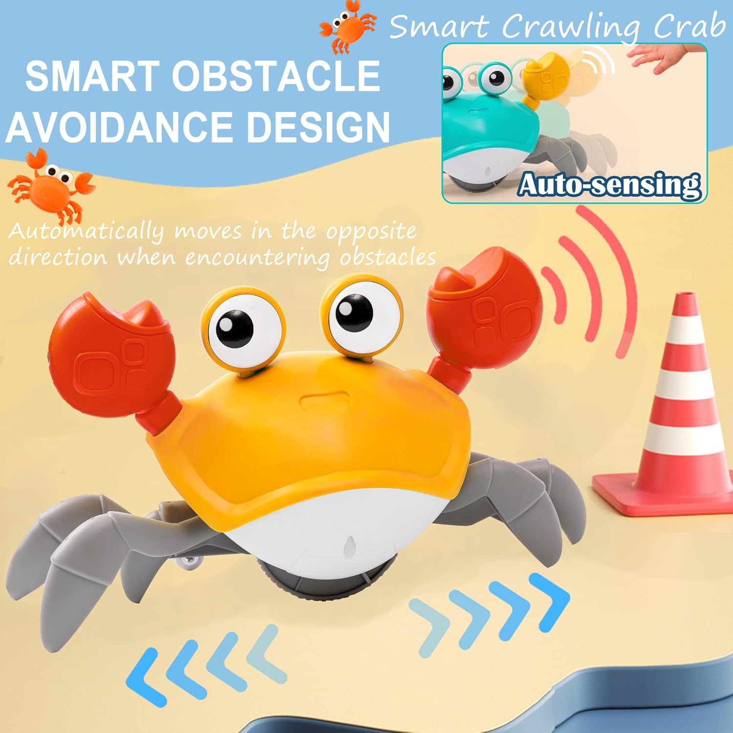 2025 New Crawling Crab Baby Toy, Rechargeable Infant Tummy Time Toys with Music, Lights, 3 Adjustable Speeds＆Silent Function,Crab Crawling Sensory Toy for Toddler, Electronic Pet for Boy Girl (Orange) - Green image number 6