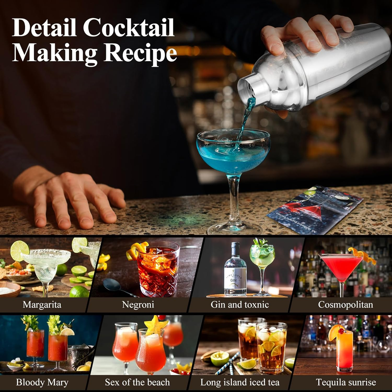 Cocktail Shaker Set 5Pcs Cocktail Making Set 304 Stainless Steel 24Oz Shakers with Strainer, Pourers, Double Jigger, Mixing Spoon at Home & Bar Gift Martini Shaker Set image number 4