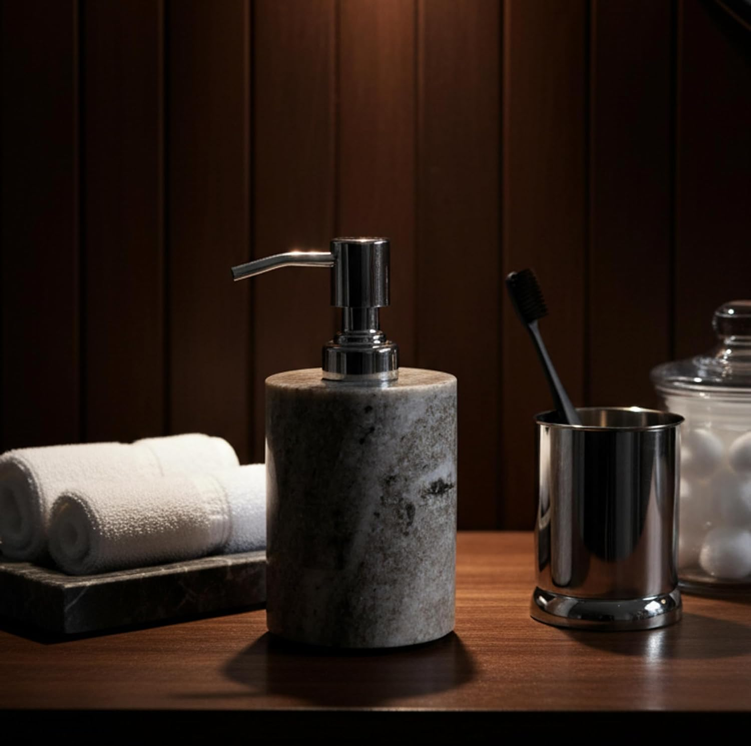 KLEO Soap/Lotion Dispenser - Made of Genuine Indian Marble in Brown Color - Luxury Bathroom Accessories Bath Set