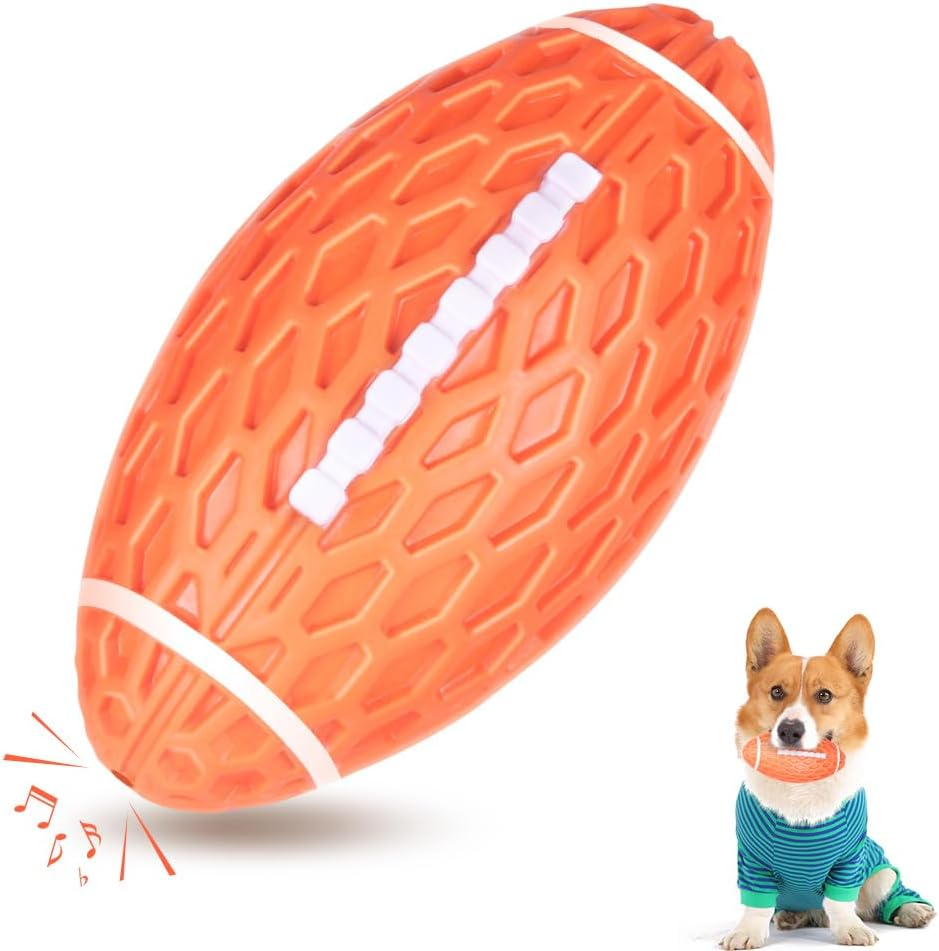 AUSCAT 2PCS Squeaky Dog Football Toy for Aggressive Chewers, Tough Rubber Dog Ball for Medium Large Dogs, Green and Orange, Large, 5.5"/14 Cm