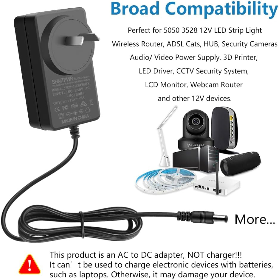SHNITPWR 12V 2A Power Supply Adapter 100V~240V AC to DC Converter 12 Volt 2000Ma 24W Max Transformer with 5.5X2.1Mm Tip for CCTV Wifi IP Camera DVD Player, Level VI Energy Efficiency image number 5