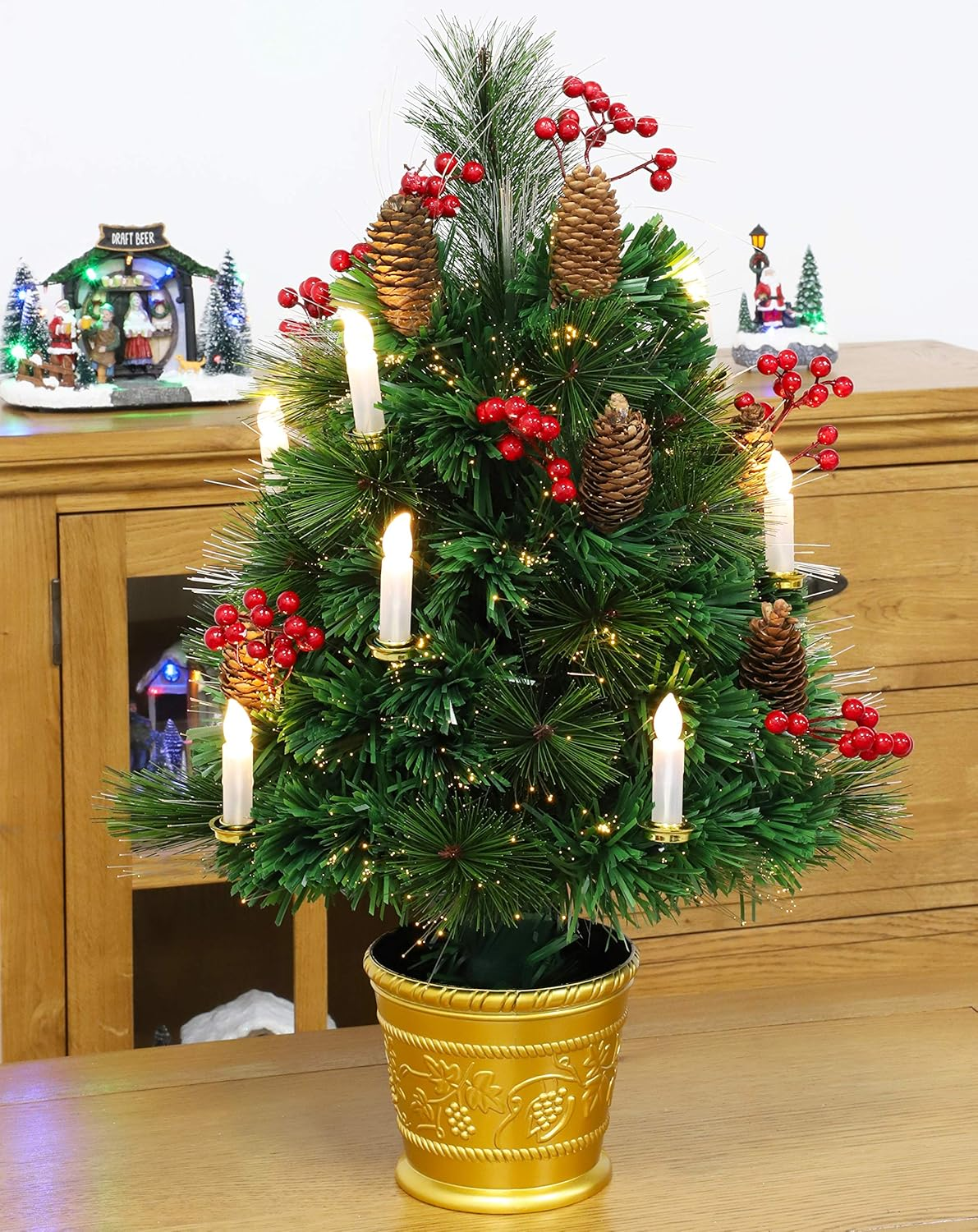 Christmas Concepts&reg; 2Ft (60Cm) Green Fibre Optic Pine Christmas Tree with Cones, Red Berries and LED Candles image number 4