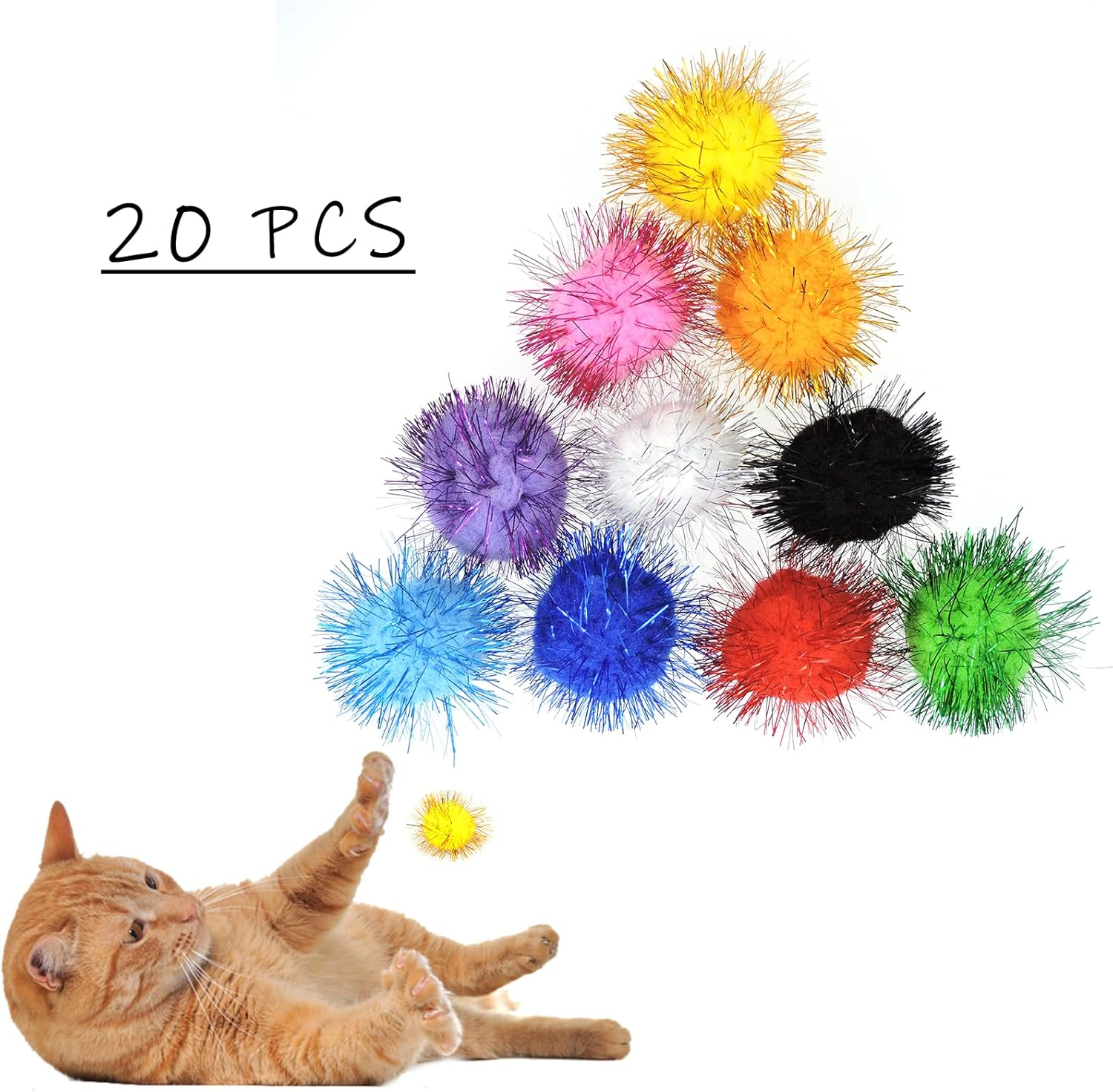 Andiker Cat Sparkle Balls, 1.5 Inches 20Pcs Colorful Tinsel Cat Glitter Balls Chew and Chase Cat Pom Pom Balls Interactive and Lightweight Cat Toys for Indoor Cats to Keep Fit and Active (4.5Cm) image number 3