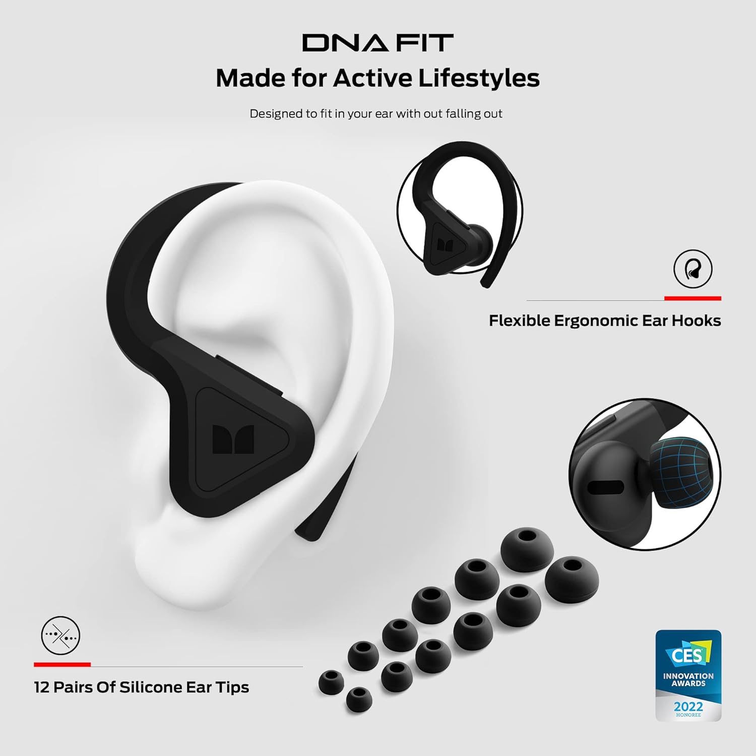 Monster DNA Fit - Wireless Arc Headphones - In-Ear Bluetooth Earbuds - Noise Reduction - Waterproof - Ergonomic - Black
