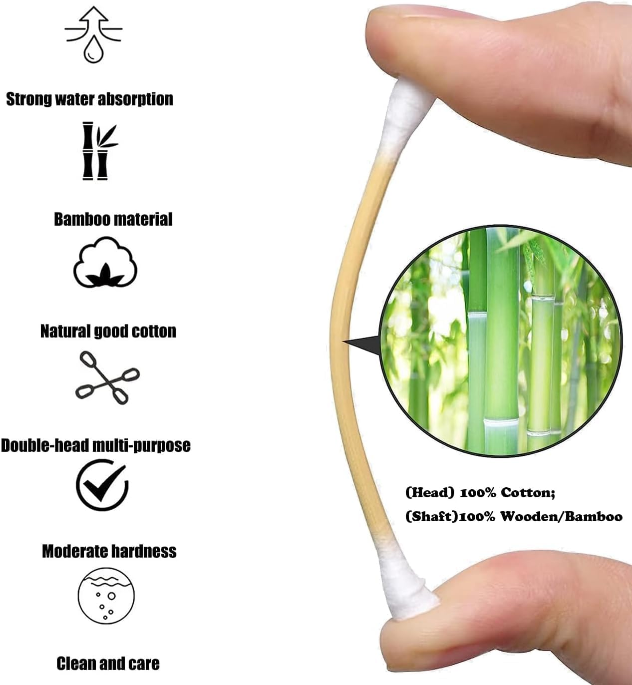 Bamboo Cotton Swabs Double-Tipped round Thick Tips | 100% Cotton Biodegradable & Organic Unbleached Natural | Q-Tips Safety Swabs | Wooden Cotton Buds for Ears Makeup or Nails 500 Count image number 3