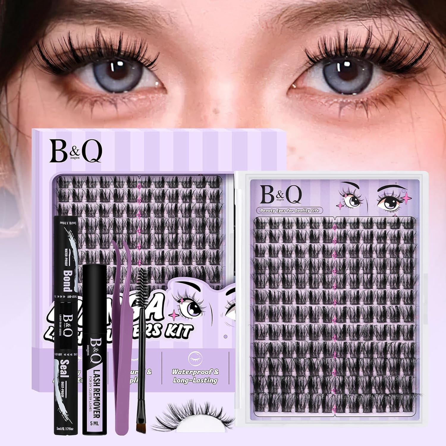 B&Q Manga Lash Clusters Kit Spiky Eyelash Clusters 8-18Mm Mixed 120Pcs Lash Extension Kit Thick Curly Feature Anime Cosplay Individual Eyelash with Thin Band Cosplay Diy at Home(Set-Anime 01)
