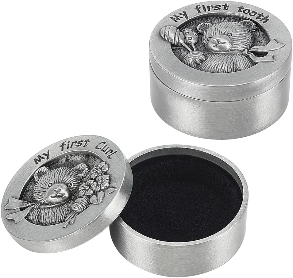 FINGERINSPIRE 2 PCS My First Curl & Tooth Bear Keepsake Box - 1.3Inch Inner Size Antique Silver Baby Teeth Collection for Childhood Memory, Alloy Tooth Holder and Curl Organizer Set image number 4