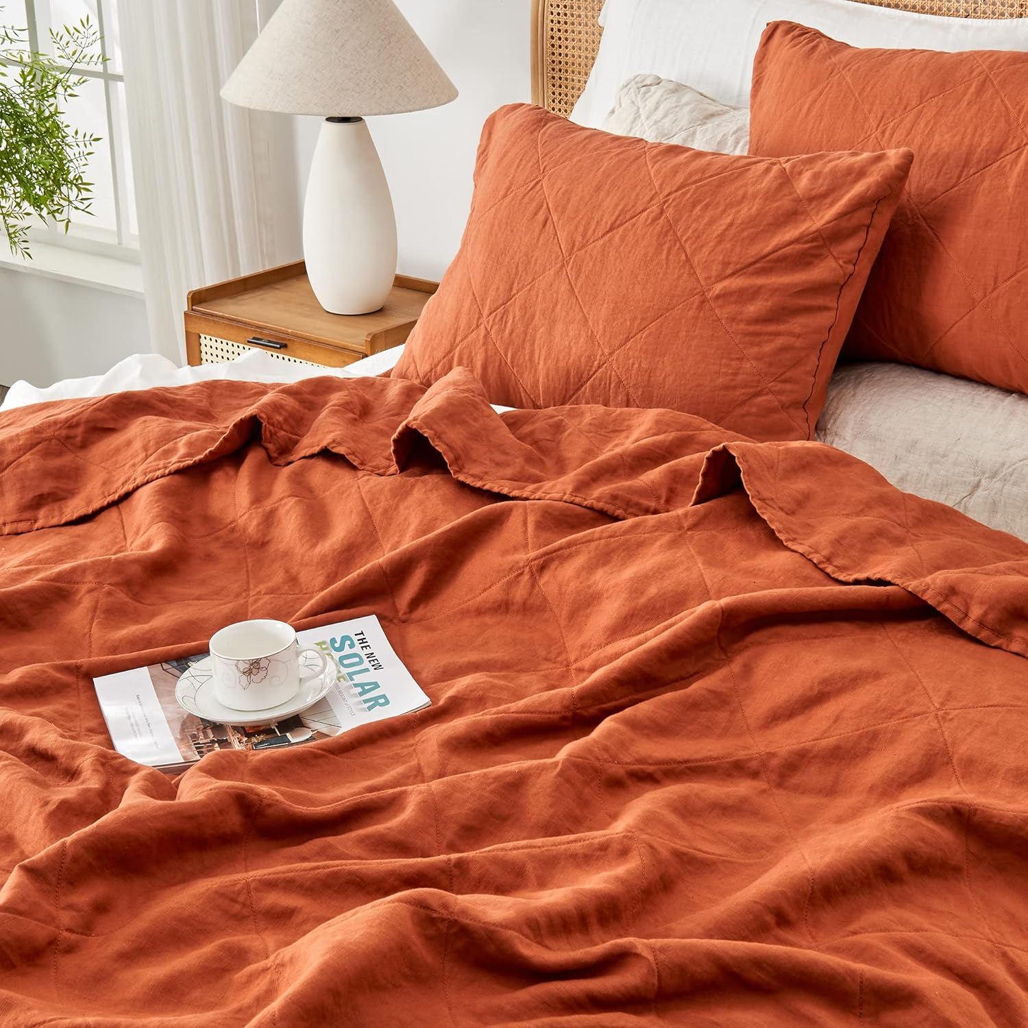 S VICTORY SYMBOL Linen Quilt Set Queen Size-3 Piece Bedding Quilt Coverlets,All Seasons Caramel Bedspreads,Washed Linen Shell and Rayon Derived from Bamboo Filling Quilted Coverlet