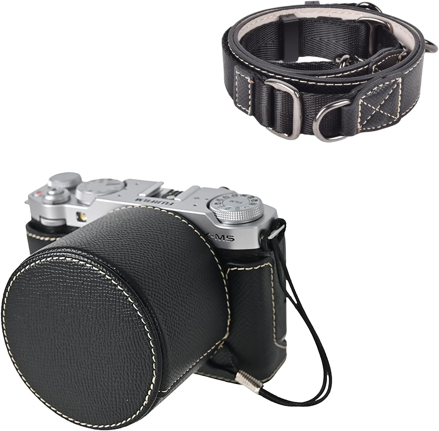 VOVMOEYA Fuji XM5 Mirrorless Camera Case Cover Set for Fuji XM5 Half Case Fuji X-M5 Camera Cover with Front Lens Cap and Shoulder Strap