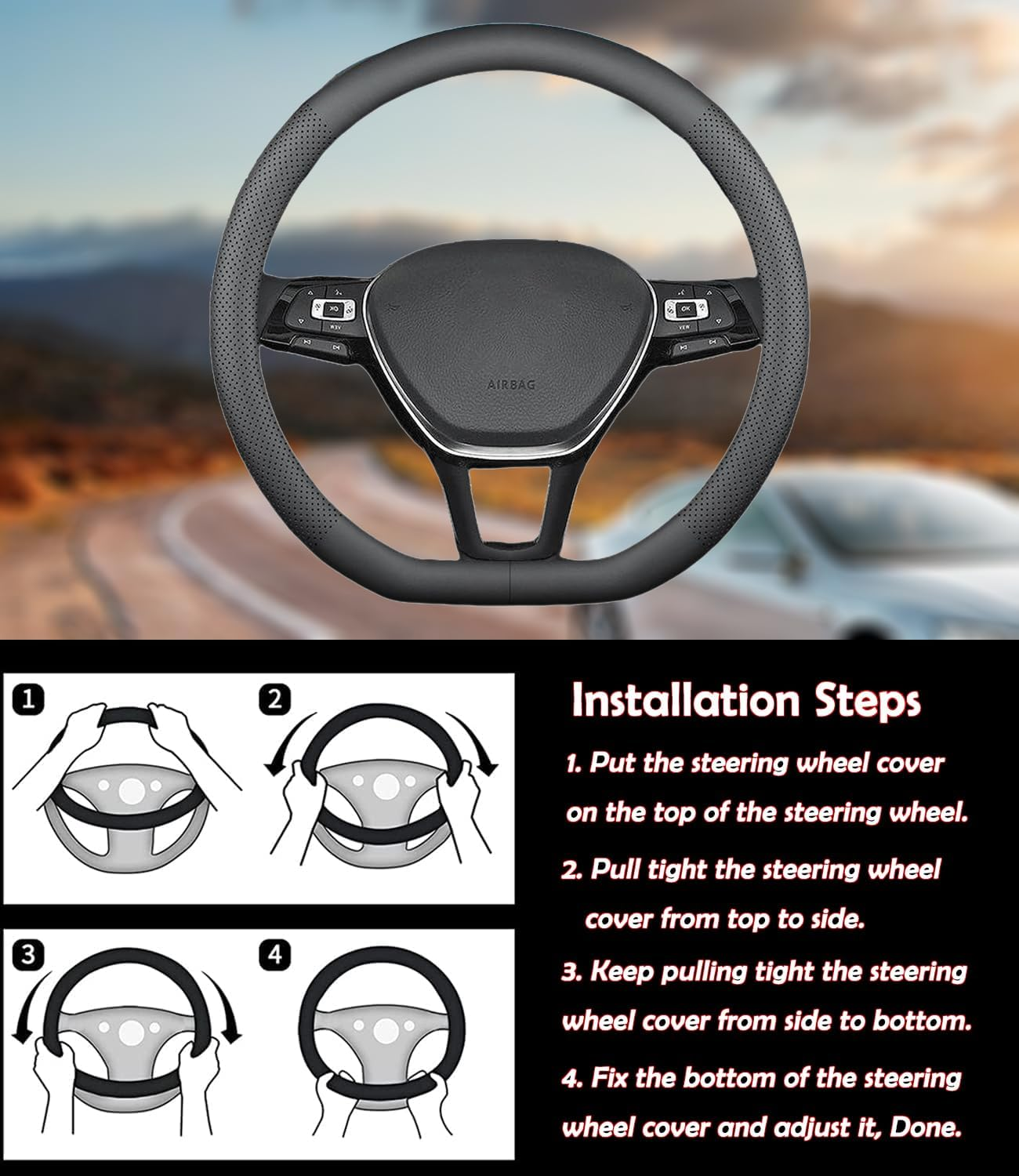 XHRING D-Shaped Car Steering Wheel Cover for Volkswagen VW Atlas Tiguan ID.4 Taos Passat Golf Jetta Beetle Polo GTI CC Touareg SE SEL R-Line S Cross Sport Accessories, 2025 Leather Black image number 4