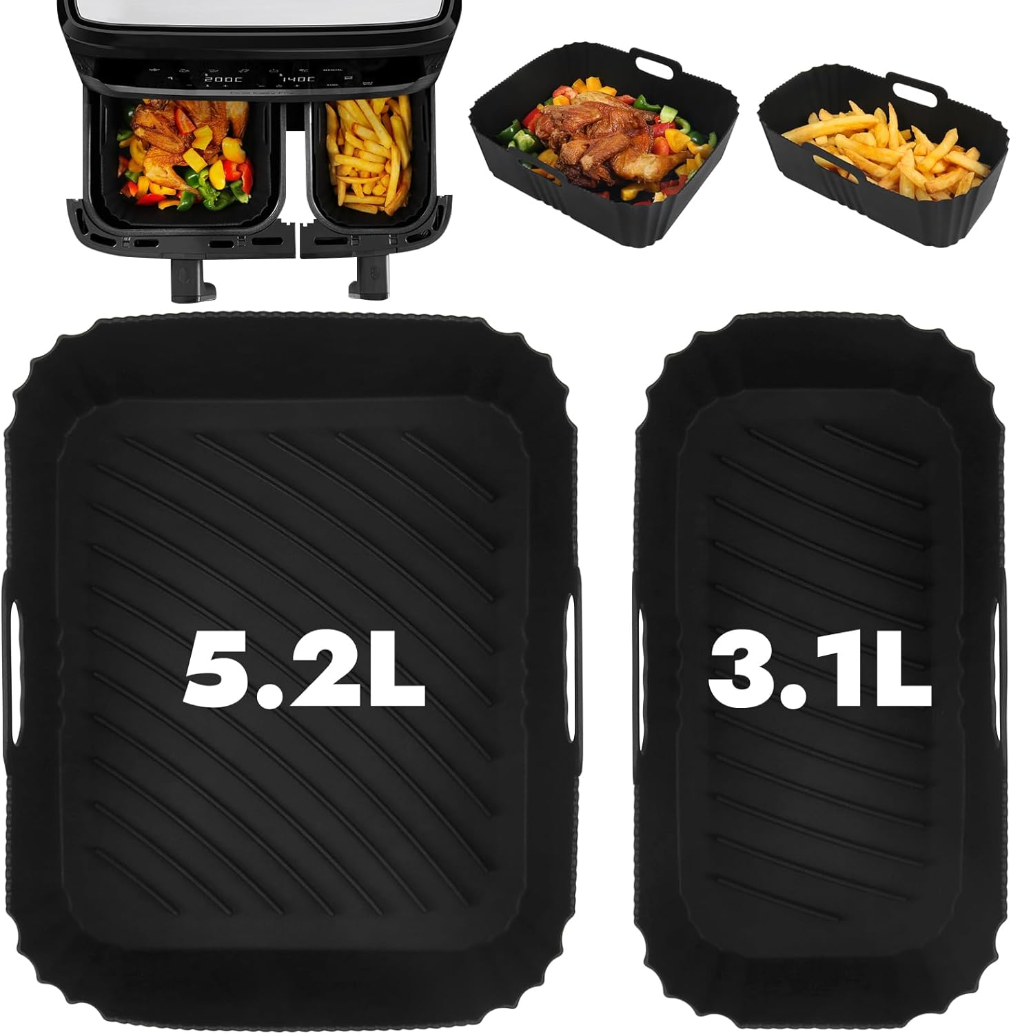 GINOYA Silicone Inserts for Tefal EY9018 Dual Easy Fry 5.2/3.1 L, Moulinex 8.3 L, Cecotec 5.5/3.5 L Baskets, DMS 6L/4L, Air Fryer Accessories for Double Chamber Hot Air Fryer Dual image number 4