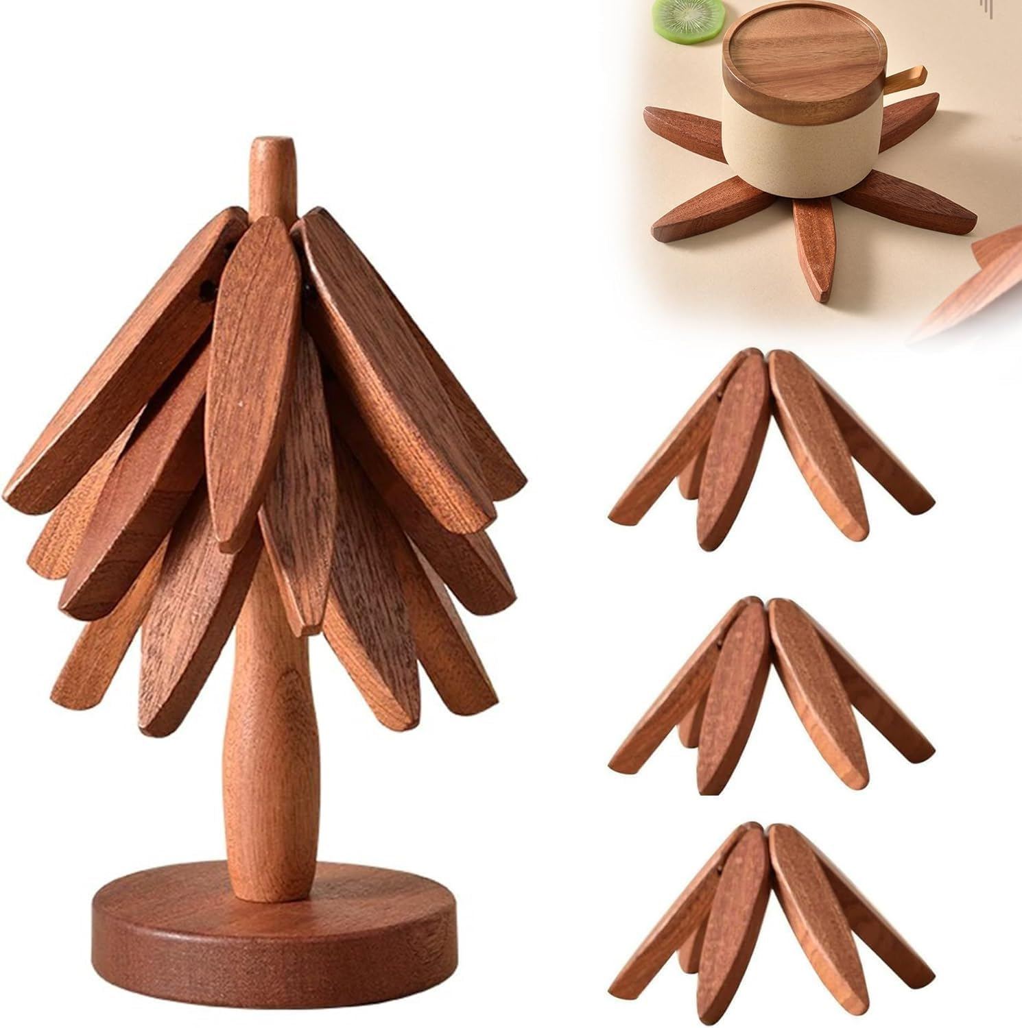 Bamboo Trivets for Hot Dishes, Wooden for Hot Dishes/Pot/Bowl/Teapot/Pot Holders, Trivet 4-Piece Set, Natural Foldable Wooden Trivet, Tree Shape Set (Dark 3 Trivets)