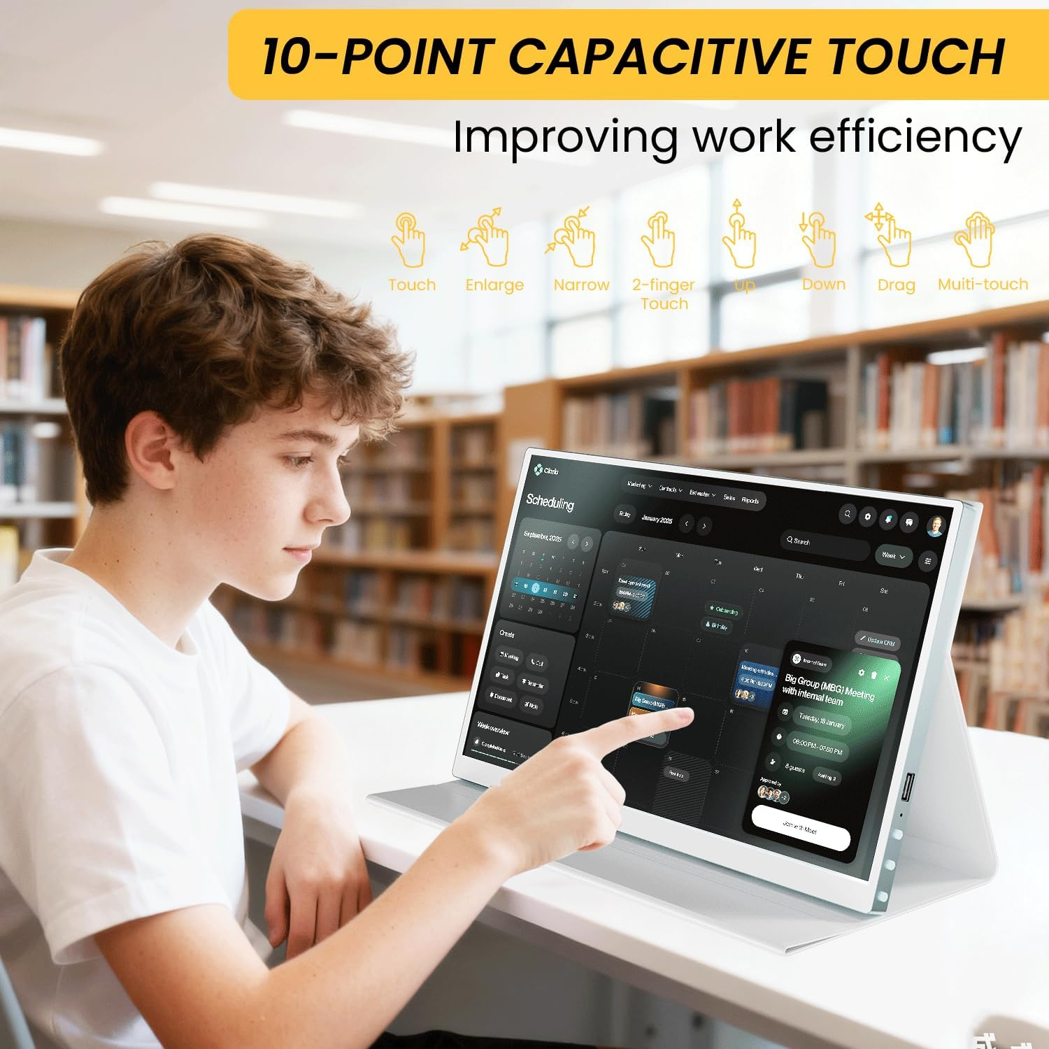 15.6'' Touchscreen Portable Monitor, FHD IPS Display with Built-In Speaker & Protective Case, 10-Point Touch Screen, HDMI & USB-C Travel Monitors for Laptop, PC, Phone,Metal Gray + White image number 6