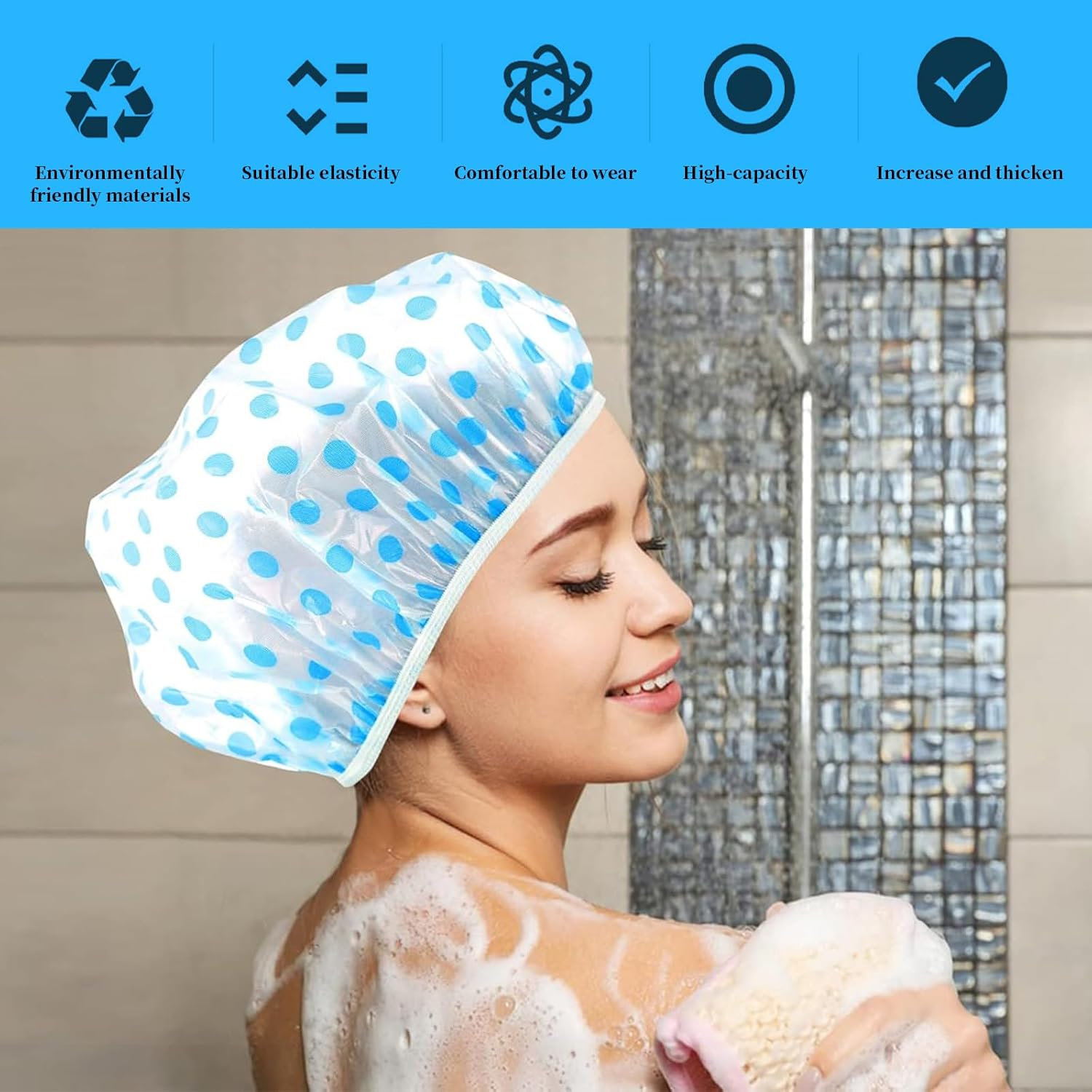 12 Pieces Thickened Shower Caps Combo Pack Waterproof Reusable Plastic Bath Caps Beauty Salon Spa Shower Caps Lace Elastic Band Bath Hair Hat Suitable for Women Ladies Fit for Home and Travel image number 4