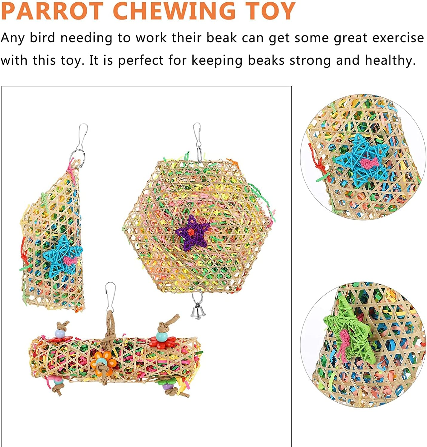 Bird Foraging Toy,3Pcs Bird Shredding Toys, Chewing Toys Parrot Cage Shredder Toy Rattan Cage Foraging Hanging Toyy for Parakeets Cockatiels Conures (Random Color) image number 5